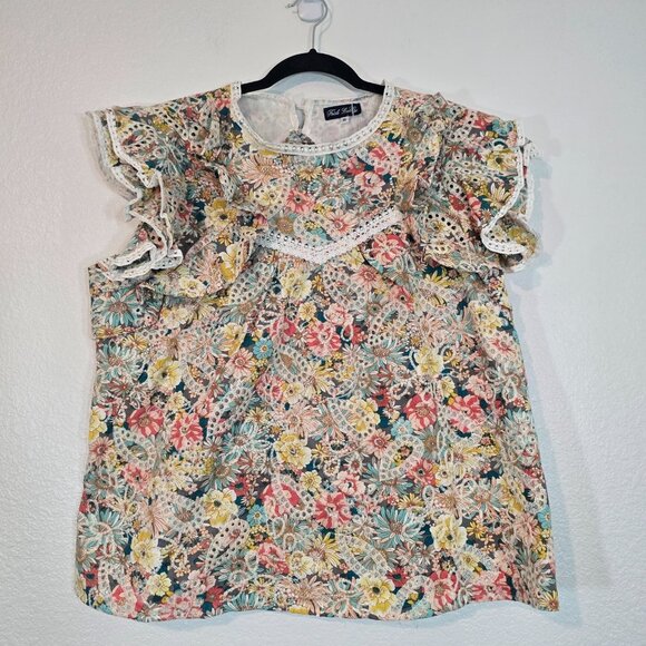 Trish Scully Floral Blouse Top Women Size 10 Eyelet Flutter Sleeve Paisley Boho - Picture 1 of 6